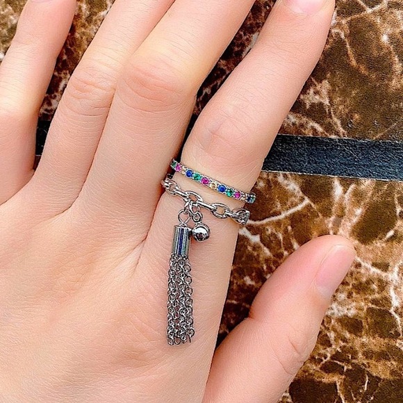 Tassel Ball Drop Sterling Silver Double Stack Ring - Picture 2 of 2